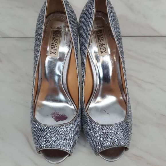 Badgley Mischka Women's‎ Silver Humbie II Smoke Glitter Peep Toe Heels Size 10 - Picture 7 of 7